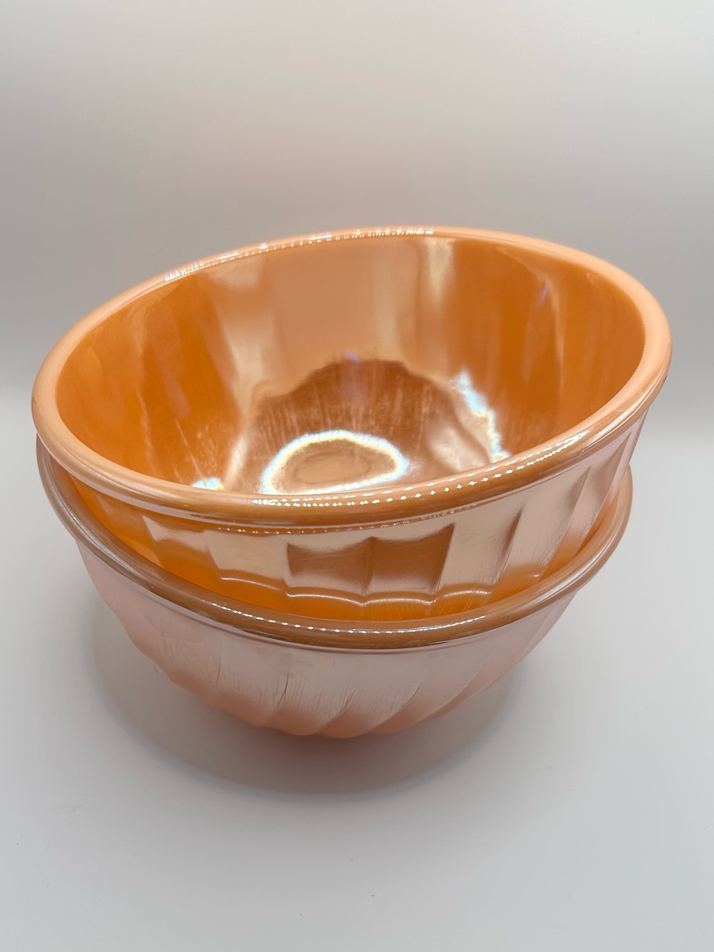 Vintage Fire-King Peach Lustre Mixing Bowls Set (2pc) Anchor Hocking Swirl